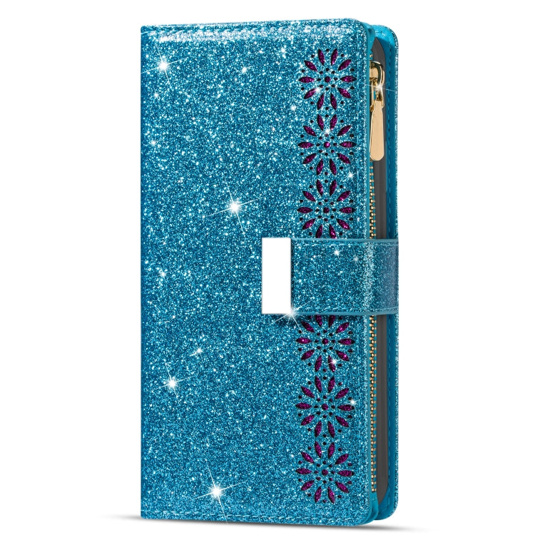 For iPhone 14 Pro Multi-card Slots Laser Carving Glitter Zipper Leather Case