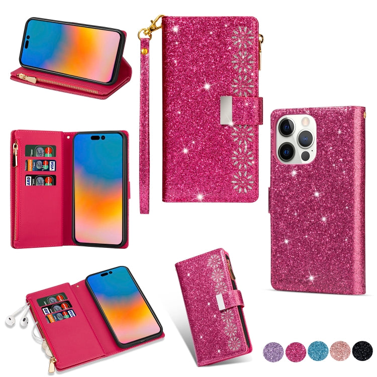 For iPhone 14 Pro Multi-card Slots Laser Carving Glitter Zipper Leather Case