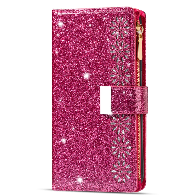 For iPhone 14 Pro Multi-card Slots Laser Carving Glitter Zipper Leather Case