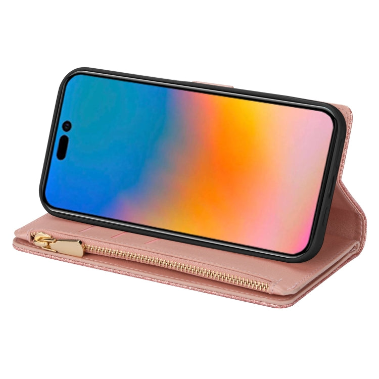 For iPhone 14 Pro Multi-card Slots Laser Carving Glitter Zipper Leather Case