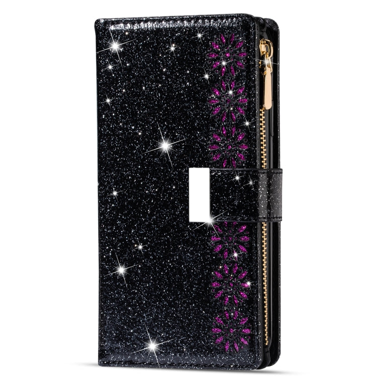 For iPhone 14 Pro Multi-card Slots Laser Carving Glitter Zipper Leather Case