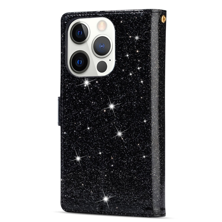 For iPhone 14 Pro Multi-card Slots Laser Carving Glitter Zipper Leather Case