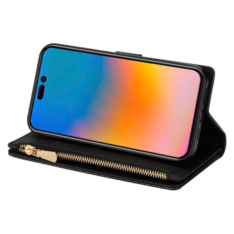 For iPhone 14 Pro Multi-card Slots Laser Carving Glitter Zipper Leather Case