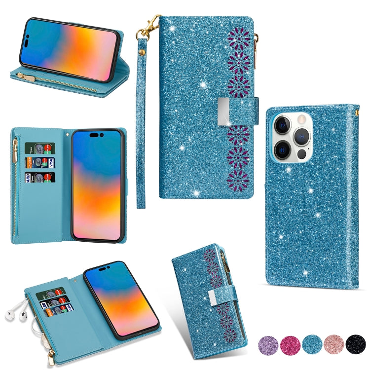 For iPhone 14 Pro Max Multi-card Slots Laser Carving Glitter Zipper Leather Case