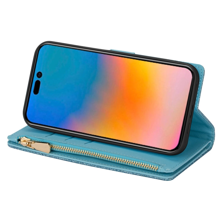 For iPhone 14 Pro Max Multi-card Slots Laser Carving Glitter Zipper Leather Case