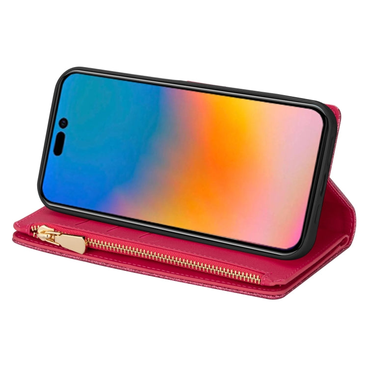 For iPhone 14 Pro Max Multi-card Slots Laser Carving Glitter Zipper Leather Case