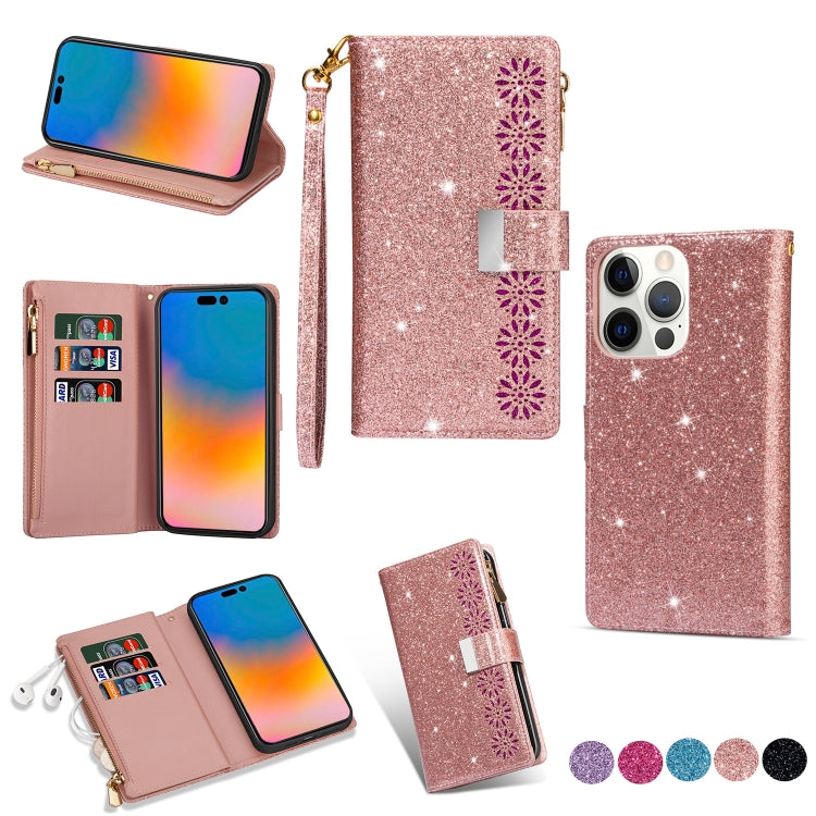 For iPhone 14 Pro Max Multi-card Slots Laser Carving Glitter Zipper Leather Case