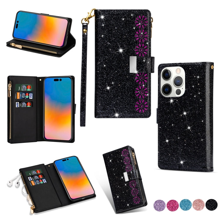 For iPhone 14 Pro Max Multi-card Slots Laser Carving Glitter Zipper Leather Case