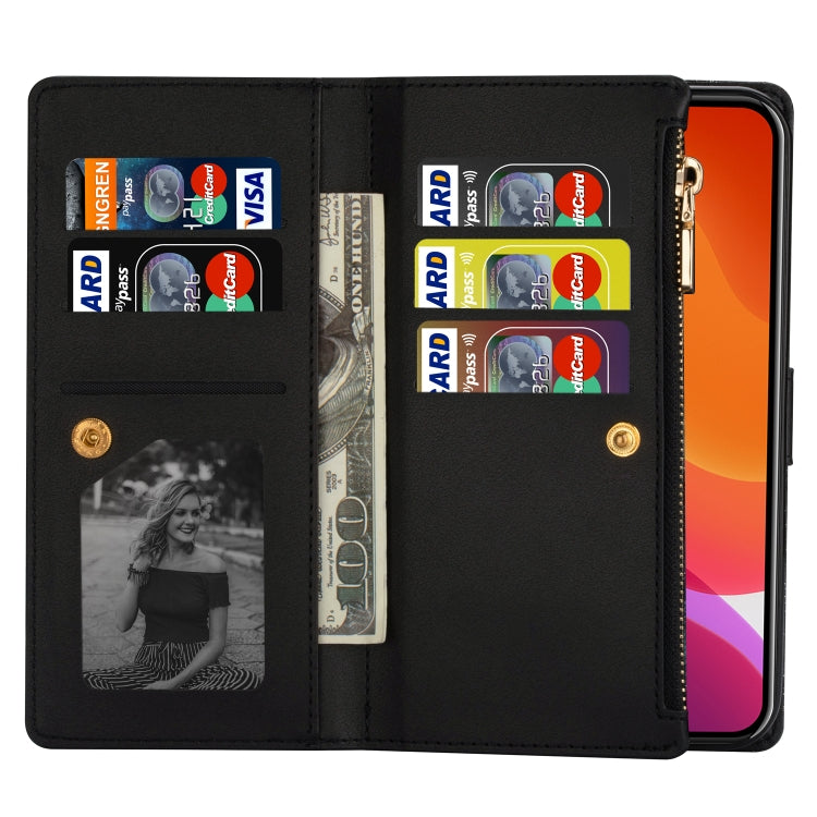 For iPhone 14 Pro Max Multi-card Slots Laser Carving Glitter Zipper Leather Case