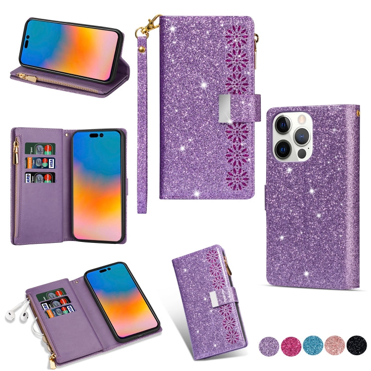 For iPhone 14 Pro Max Multi-card Slots Laser Carving Glitter Zipper Leather Case