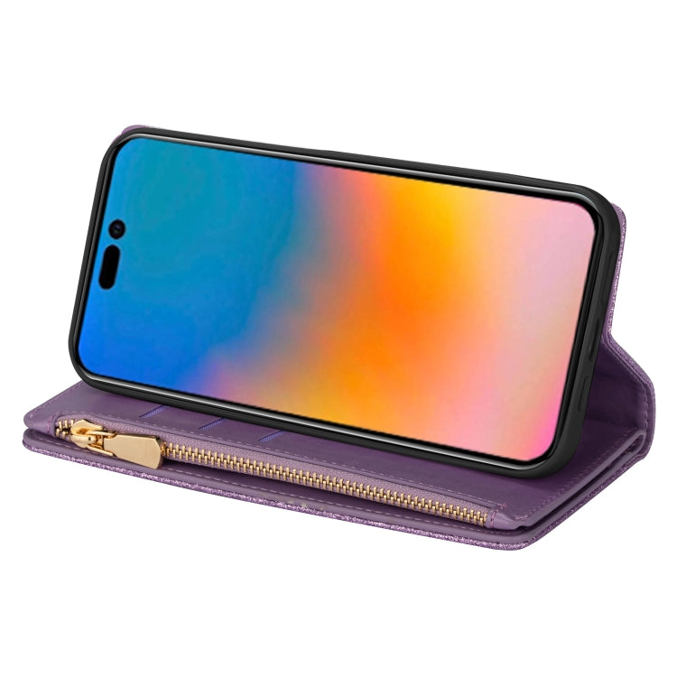 For iPhone 14 Pro Max Multi-card Slots Laser Carving Glitter Zipper Leather Case