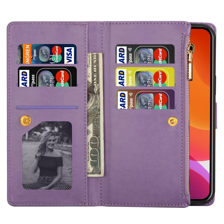 For iPhone 14 Pro Max Multi-card Slots Laser Carving Glitter Zipper Leather Case