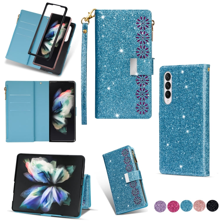 For Samsung Galaxy Z Fold 4 Multi-card Slots Laser Carving Glitter Zipper Leather Case