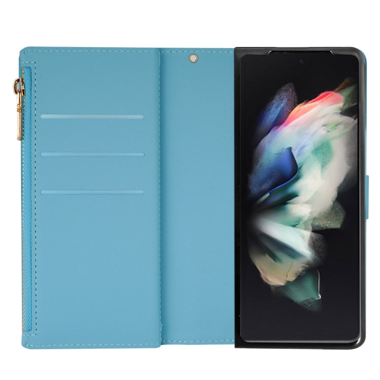 For Samsung Galaxy Z Fold 4 Multi-card Slots Laser Carving Glitter Zipper Leather Case