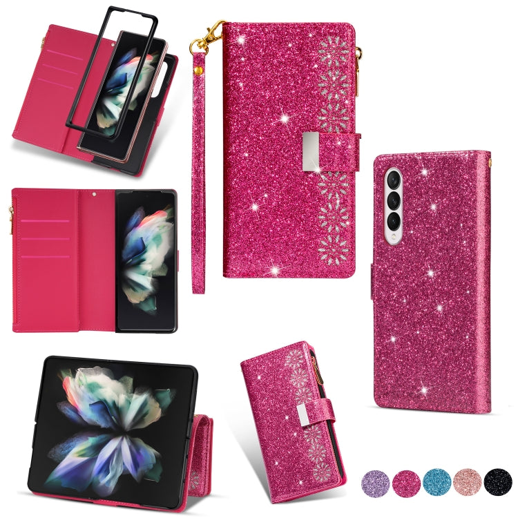For Samsung Galaxy Z Fold 4 Multi-card Slots Laser Carving Glitter Zipper Leather Case