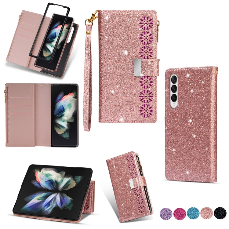 For Samsung Galaxy Z Fold 4 Multi-card Slots Laser Carving Glitter Zipper Leather Case