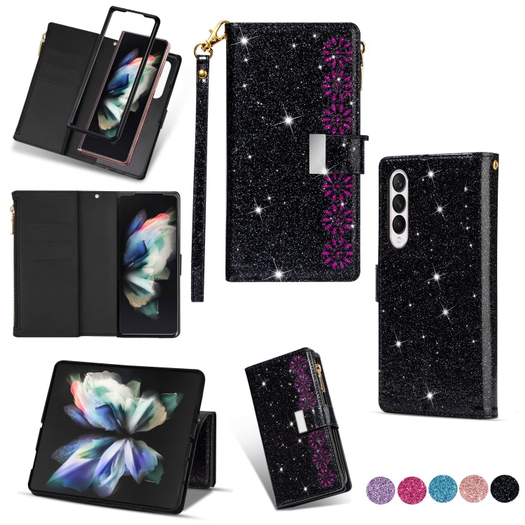 For Samsung Galaxy Z Fold 4 Multi-card Slots Laser Carving Glitter Zipper Leather Case