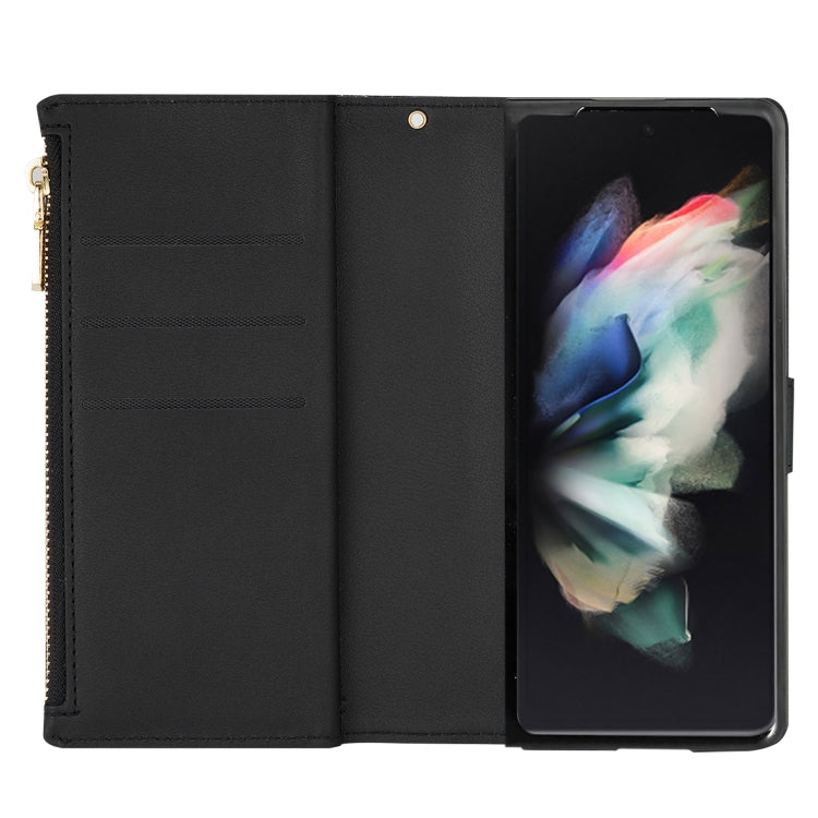 For Samsung Galaxy Z Fold 4 Multi-card Slots Laser Carving Glitter Zipper Leather Case