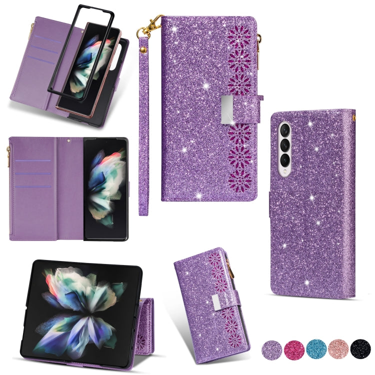 For Samsung Galaxy Z Fold 4 Multi-card Slots Laser Carving Glitter Zipper Leather Case