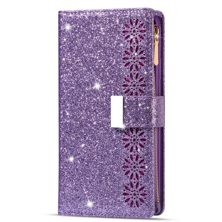 For Samsung Galaxy Z Fold 4 Multi-card Slots Laser Carving Glitter Zipper Leather Case