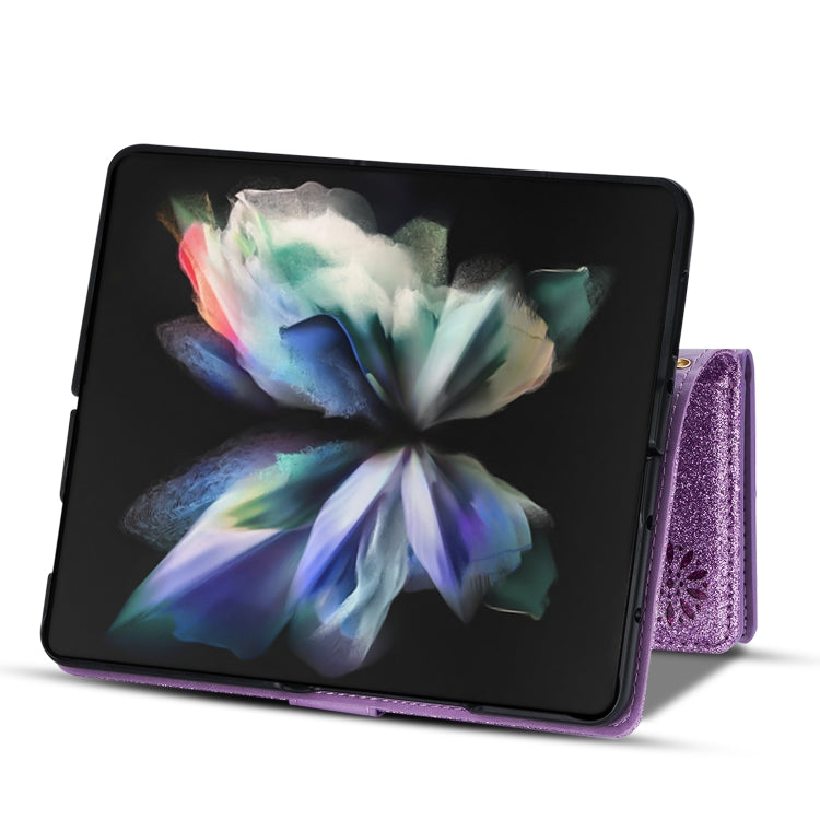 For Samsung Galaxy Z Fold 4 Multi-card Slots Laser Carving Glitter Zipper Leather Case