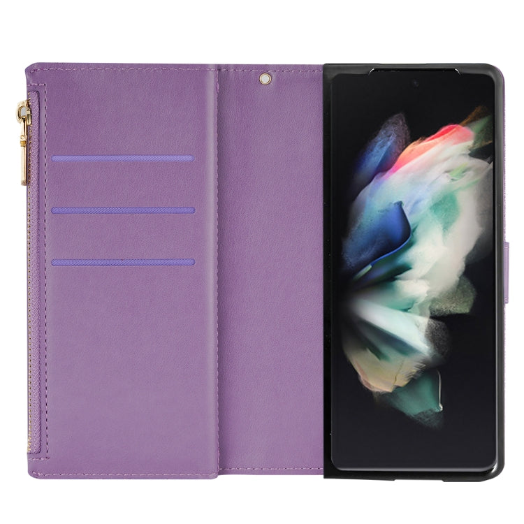 For Samsung Galaxy Z Fold 4 Multi-card Slots Laser Carving Glitter Zipper Leather Case