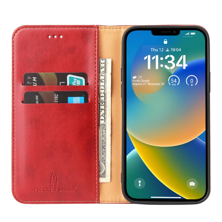 For iPhone 14 Fierre Shann PU Genuine Leather Texture Leather Phone Case