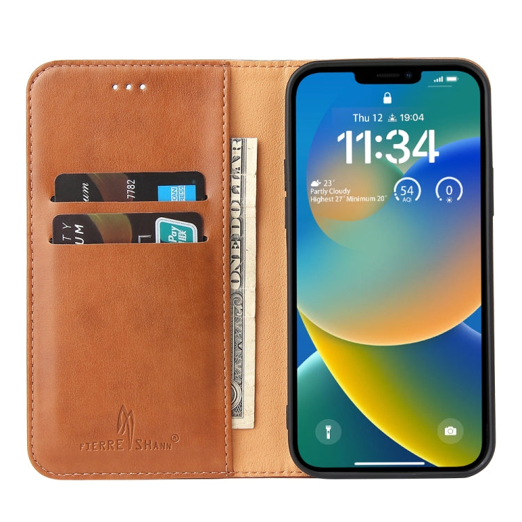 For iPhone 14 Plus Fierre Shann PU Genuine Leather Texture Leather Phone Case