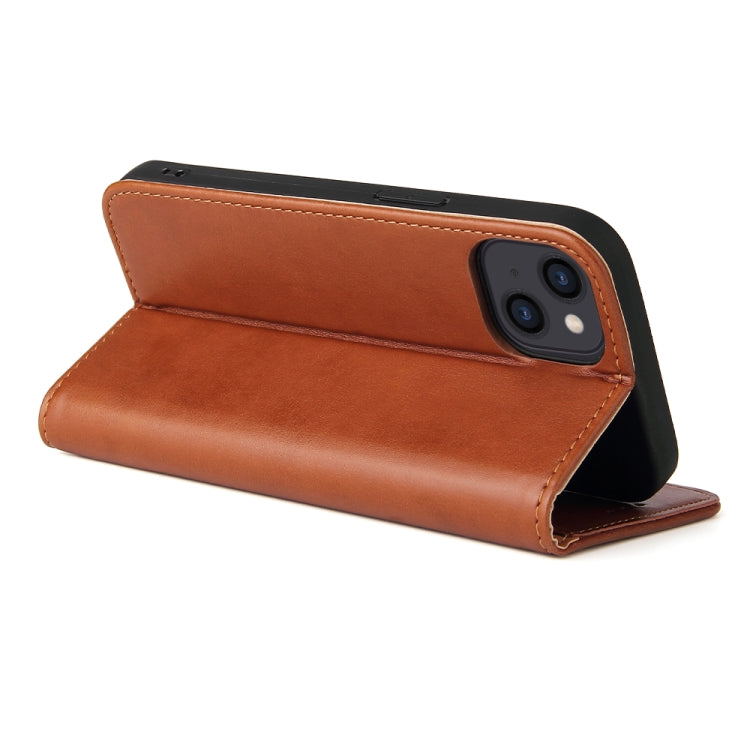 For iPhone 14 Plus Fierre Shann PU Genuine Leather Texture Leather Phone Case