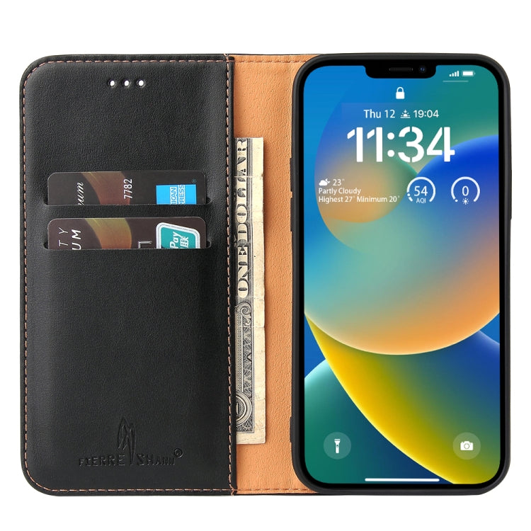 For iPhone 14 Plus Fierre Shann PU Genuine Leather Texture Leather Phone Case