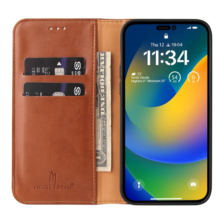 For iPhone 14 Pro Fierre Shann PU Genuine Leather Texture Leather Phone Case
