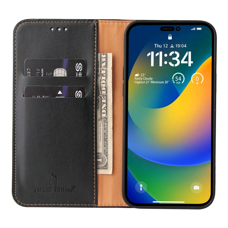 For iPhone 14 Pro Fierre Shann PU Genuine Leather Texture Leather Phone Case