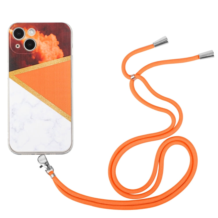 For iPhone 14 Lanyard Stitching Marble TPU Case