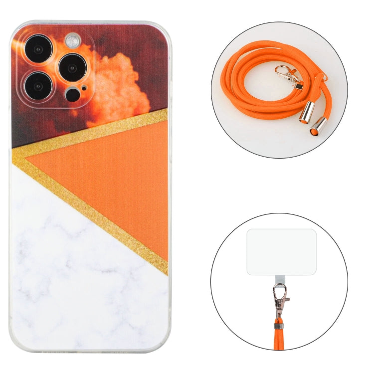 For iPhone 14 Pro Max Lanyard Stitching Marble TPU Case