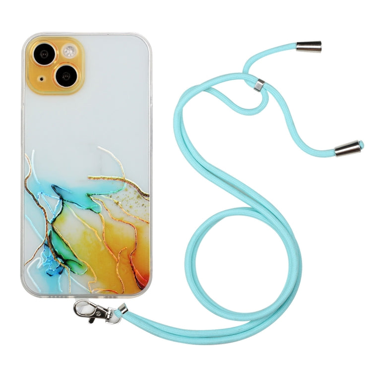 For iPhone 14 Hollow Marble Pattern TPU Shockproof Protective Case with Neck Strap Rope