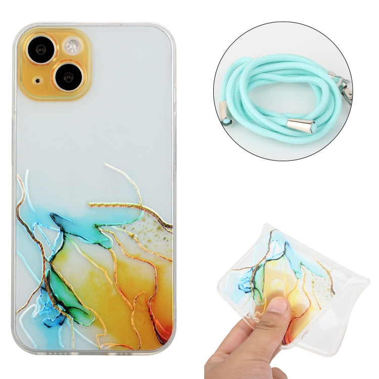 For iPhone 14 Hollow Marble Pattern TPU Shockproof Protective Case with Neck Strap Rope