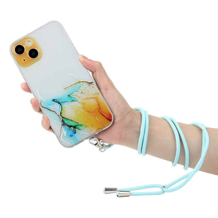 For iPhone 14 Hollow Marble Pattern TPU Shockproof Protective Case with Neck Strap Rope