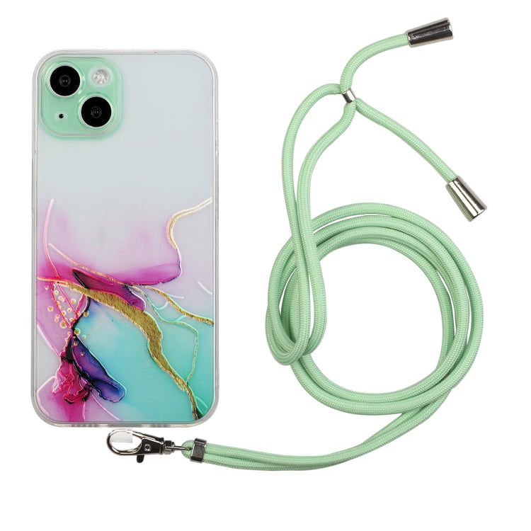 For iPhone 14 Hollow Marble Pattern TPU Shockproof Protective Case with Neck Strap Rope