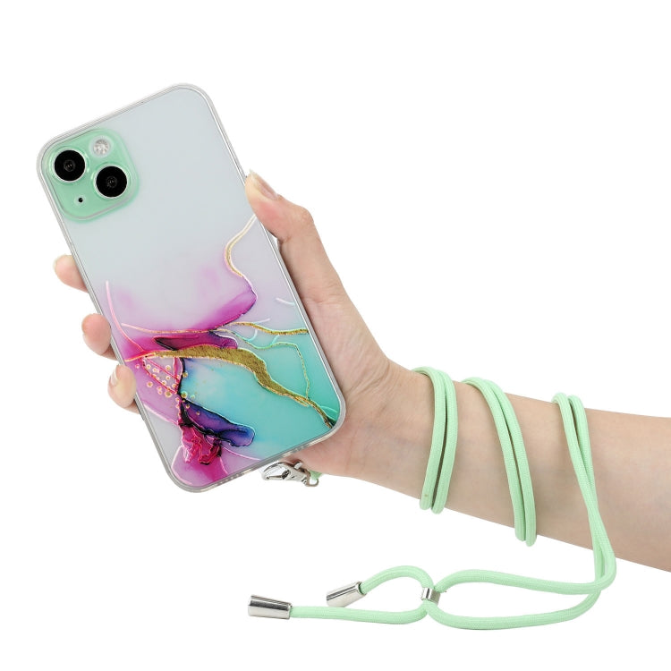 For iPhone 14 Hollow Marble Pattern TPU Shockproof Protective Case with Neck Strap Rope