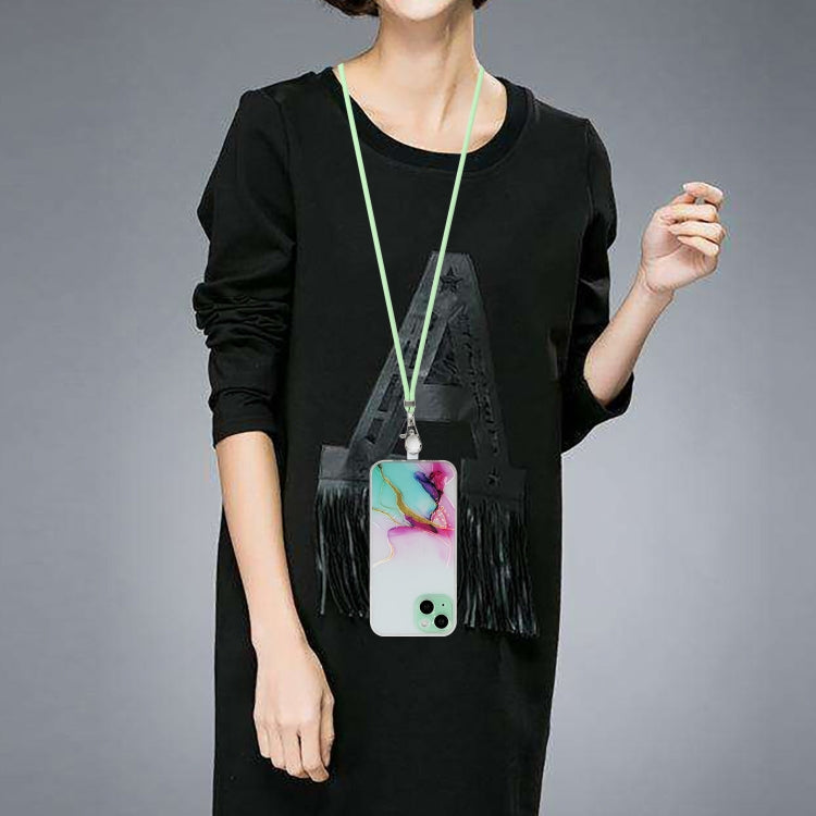 For iPhone 14 Hollow Marble Pattern TPU Shockproof Protective Case with Neck Strap Rope