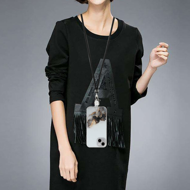 For iPhone 14 Hollow Marble Pattern TPU Shockproof Protective Case with Neck Strap Rope