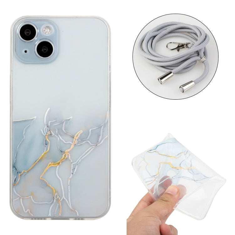 For iPhone 14 Plus Hollow Marble Pattern TPU Shockproof Protective Case with Neck Strap Rope