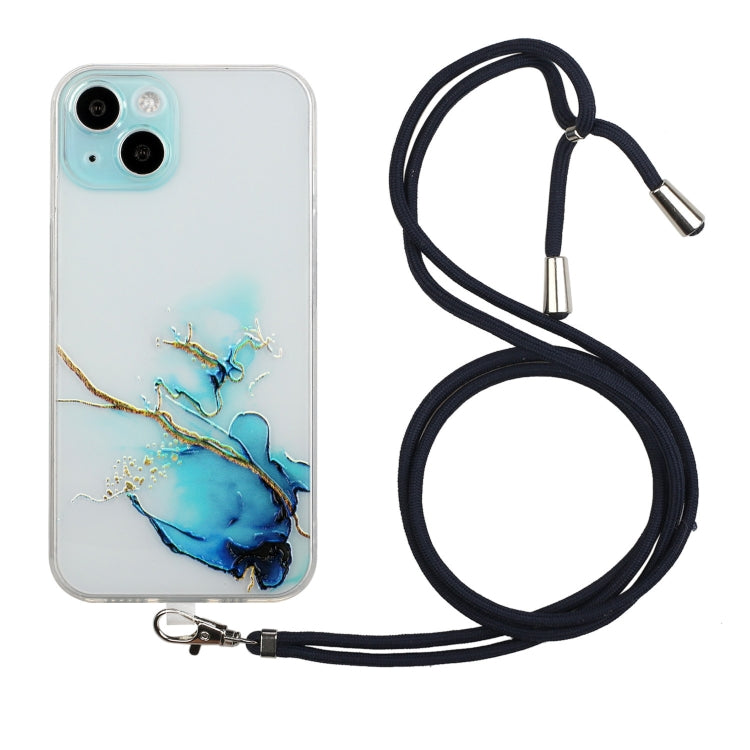 For iPhone 14 Plus Hollow Marble Pattern TPU Shockproof Protective Case with Neck Strap Rope