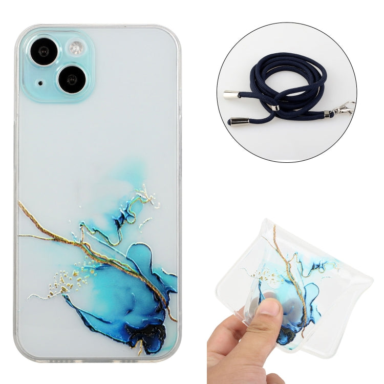 For iPhone 14 Plus Hollow Marble Pattern TPU Shockproof Protective Case with Neck Strap Rope