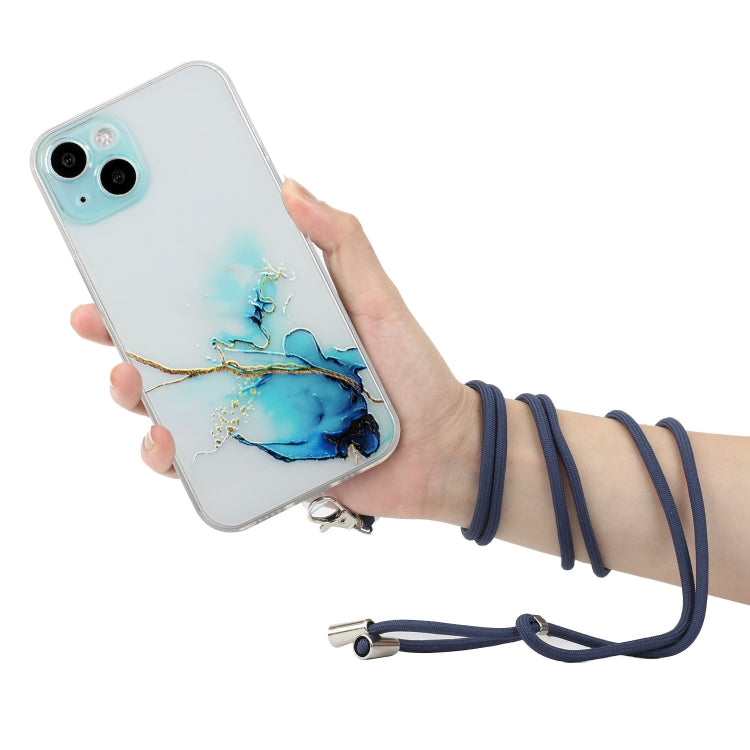 For iPhone 14 Plus Hollow Marble Pattern TPU Shockproof Protective Case with Neck Strap Rope