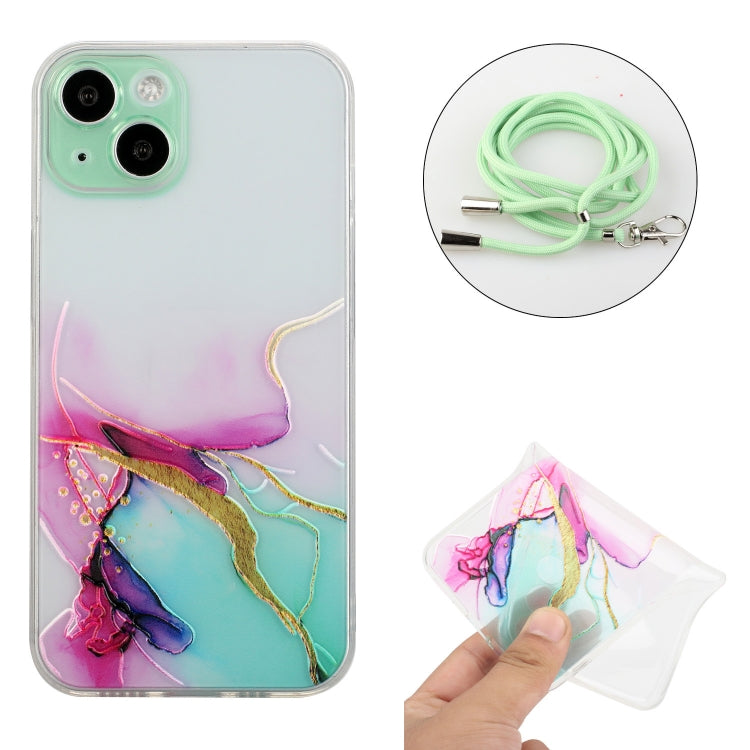 For iPhone 14 Plus Hollow Marble Pattern TPU Shockproof Protective Case with Neck Strap Rope
