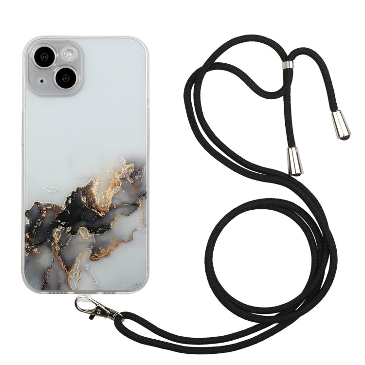 For iPhone 14 Plus Hollow Marble Pattern TPU Shockproof Protective Case with Neck Strap Rope