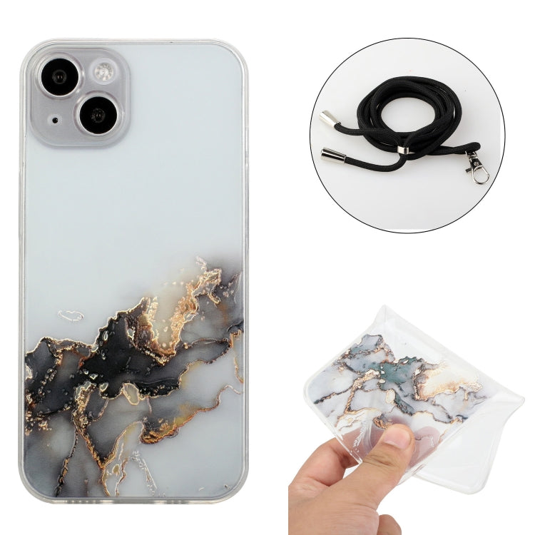 For iPhone 14 Plus Hollow Marble Pattern TPU Shockproof Protective Case with Neck Strap Rope