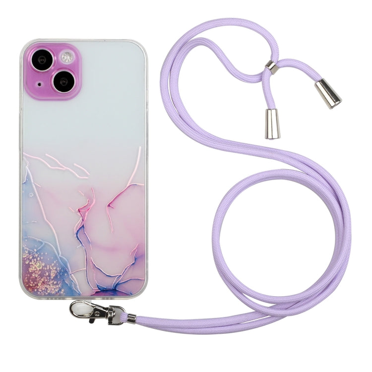 For iPhone 14 Plus Hollow Marble Pattern TPU Shockproof Protective Case with Neck Strap Rope
