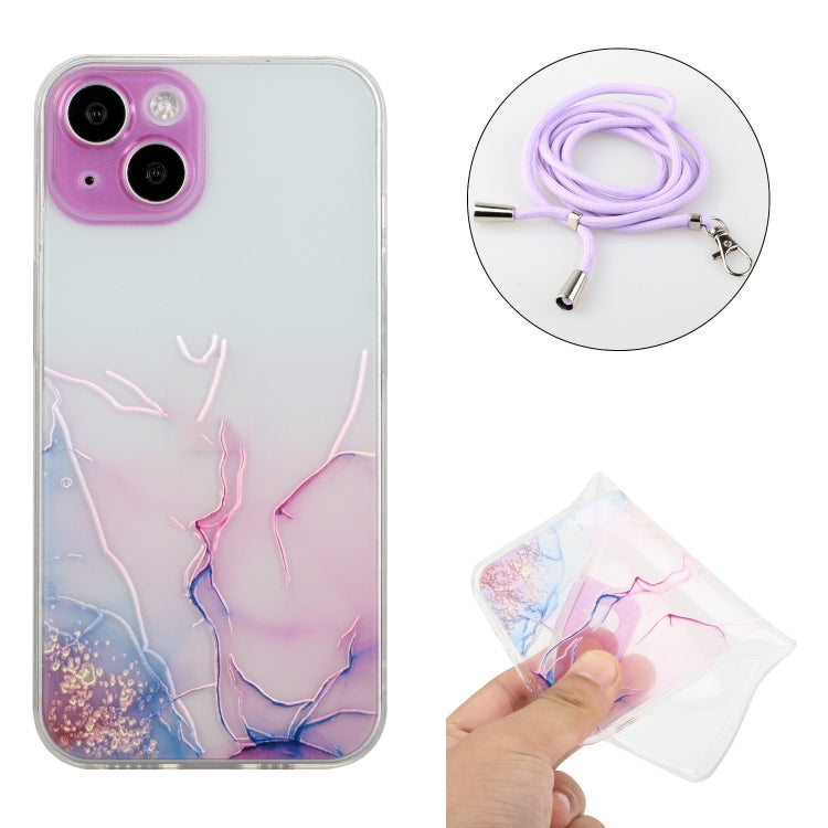 For iPhone 14 Plus Hollow Marble Pattern TPU Shockproof Protective Case with Neck Strap Rope